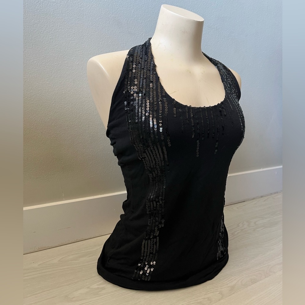 Foxy Jeans Y2K Black Sequin Racerback Tank Top with fringe and the back size L